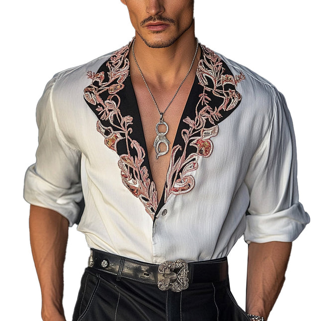 Men's Vintage Embroidered Long Sleeve Shirt | Contrast Design | Casual & Formal | Retro Style | High Quality Fabric | Comfortable Fit | Classic Wardrobe Essential | Unique Embroidery Details
