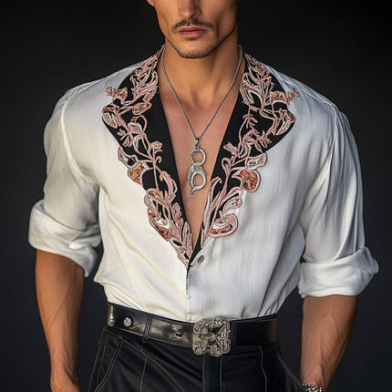 Men's Vintage Embroidered Long Sleeve Shirt | Contrast Design | Casual & Formal | Retro Style | High Quality Fabric | Comfortable Fit | Classic Wardrobe Essential | Unique Embroidery Details