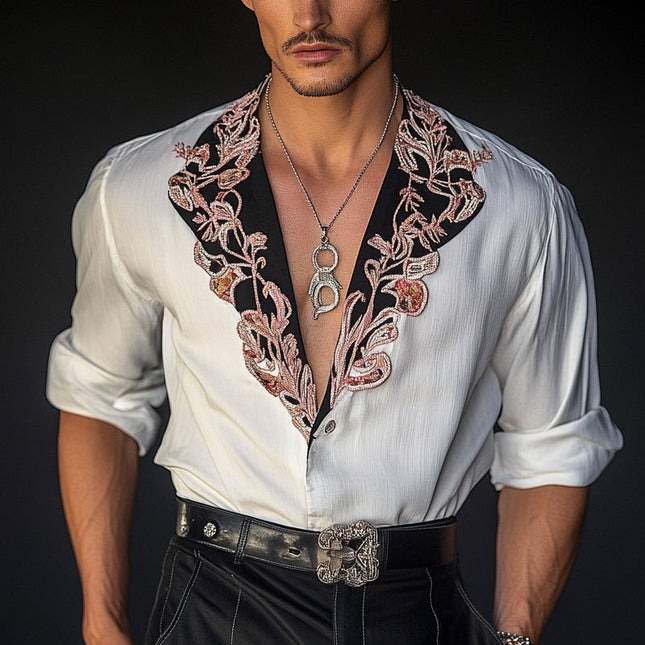 Men's Vintage Embroidered Long Sleeve Shirt | Contrast Design | Casual & Formal | Retro Style | High Quality Fabric | Comfortable Fit | Classic Wardrobe Essential | Unique Embroidery Details