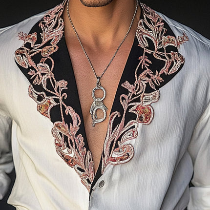 Men's Vintage Embroidered Long Sleeve Shirt | Contrast Design | Casual & Formal | Retro Style | High Quality Fabric | Comfortable Fit | Classic Wardrobe Essential | Unique Embroidery Details