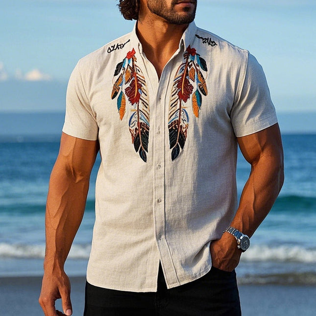 Men's Short Sleeve Shirt | Vintage Feather Embroidered | Retro Style | High Quality Fabric | Comfortable Regular Fit | Casual Summer Fashion | Classic Colors