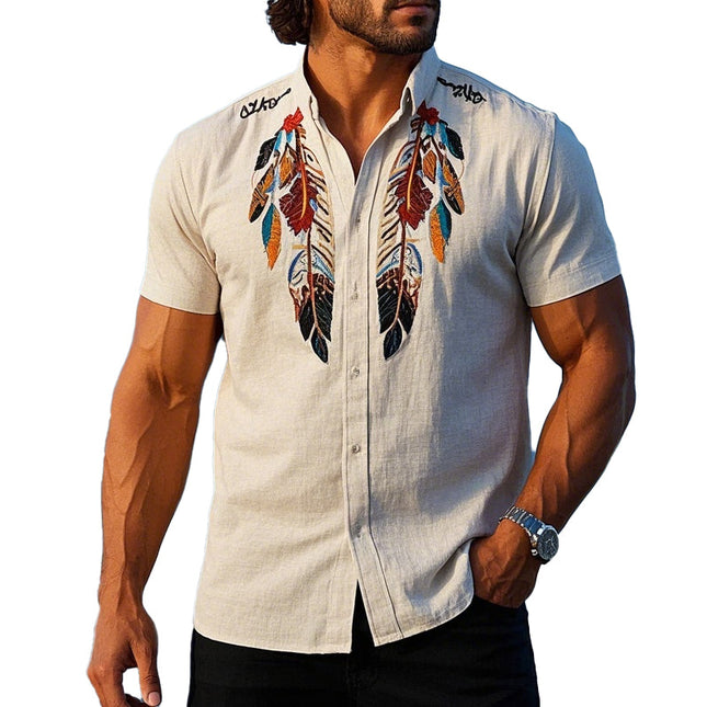 Men's Short Sleeve Shirt | Vintage Feather Embroidered | Retro Style | High Quality Fabric | Comfortable Regular Fit | Casual Summer Fashion | Classic Colors