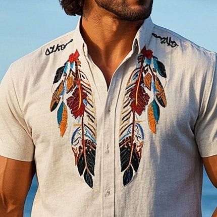 Men's Short Sleeve Shirt | Vintage Feather Embroidered | Retro Style | High Quality Fabric | Comfortable Regular Fit | Casual Summer Fashion | Classic Colors