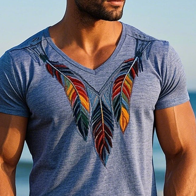Men's Vintage Feather Embroidered Short Sleeve T-Shirt | Soft Durable Fabric | Casual Wear | Comfortable Relaxed Fit | Versatile Style | Timeless Design