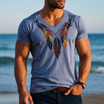 Men's Vintage Feather Embroidered Short Sleeve T-Shirt | Soft Durable Fabric | Casual Wear | Comfortable Relaxed Fit | Versatile Style | Timeless Design