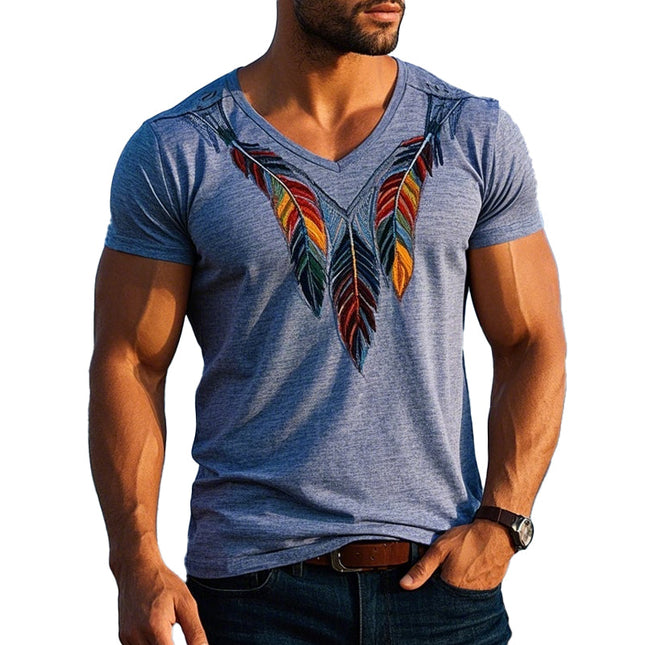 Men's Vintage Feather Embroidered Short Sleeve T-Shirt | Soft Durable Fabric | Casual Wear | Comfortable Relaxed Fit | Versatile Style | Timeless Design