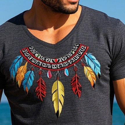Men's T-Shirt | Cotton Blend | Feather Embroidery | Short Sleeve | Casual Fit | Comfortable | Versatile | Fashion-Forward | Ideal for Layering