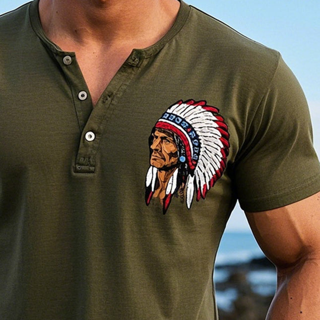 Men's Printed Henley Neck T-Shirt | Casual Short Sleeve | Fashion Forward Design | Breathable Fabric | Classic Button Placket | Versatile Styling | Regular Fit | Trendy Unique Patterns | Comfortable Wear