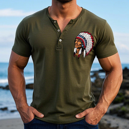 Men's Printed Henley Neck T-Shirt | Casual Short Sleeve | Fashion Forward Design | Breathable Fabric | Classic Button Placket | Versatile Styling | Regular Fit | Trendy Unique Patterns | Comfortable Wear