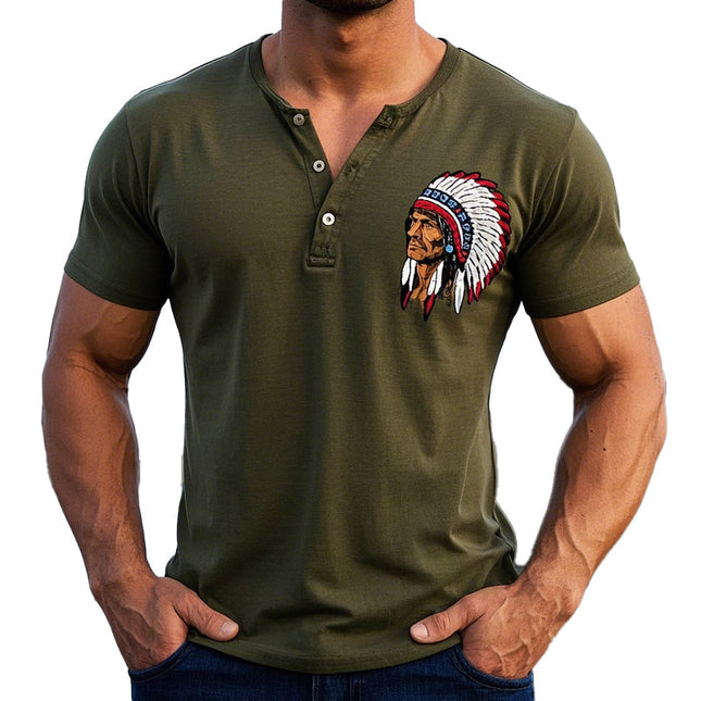 Men's Printed Henley Neck T-Shirt | Casual Short Sleeve | Fashion Forward Design | Breathable Fabric | Classic Button Placket | Versatile Styling | Regular Fit | Trendy Unique Patterns | Comfortable Wear