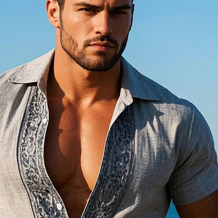 Men's Printed Short Sleeve Dress Shirt | Lapel Collar | Trendy Print | Breathable Fabric | Casual & Semi-Formal | Easy Care