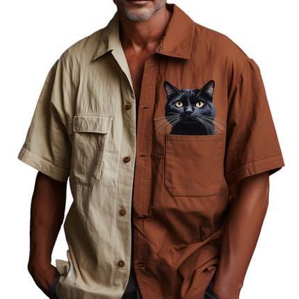 Men's Vintage Cat Print Shirt | Retro Style Contrast Short Sleeve | Casual Fashion | Comfortable Fit | High-Quality Material | Unique Design | Playful Aesthetic | Wardrobe Essential | Eye-Catching Top