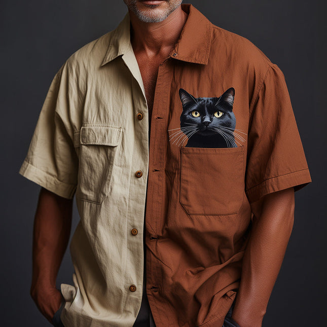 Men's Vintage Cat Print Shirt | Retro Style Contrast Short Sleeve | Casual Fashion | Comfortable Fit | High-Quality Material | Unique Design | Playful Aesthetic | Wardrobe Essential | Eye-Catching Top