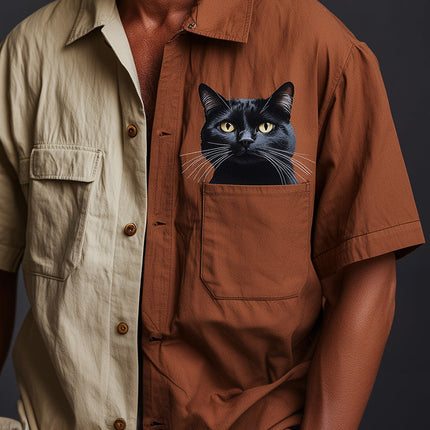 Men's Vintage Cat Print Shirt | Retro Style Contrast Short Sleeve | Casual Fashion | Comfortable Fit | High-Quality Material | Unique Design | Playful Aesthetic | Wardrobe Essential | Eye-Catching Top