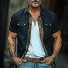 Men's Retro Western Vintage Print | Short Sleeve Denim Shirt | Cowboy Style Top | Premium Quality | Casual & Durable | Modern Fashion for Summer | Versatile Wear | Stylish Men's Shirt