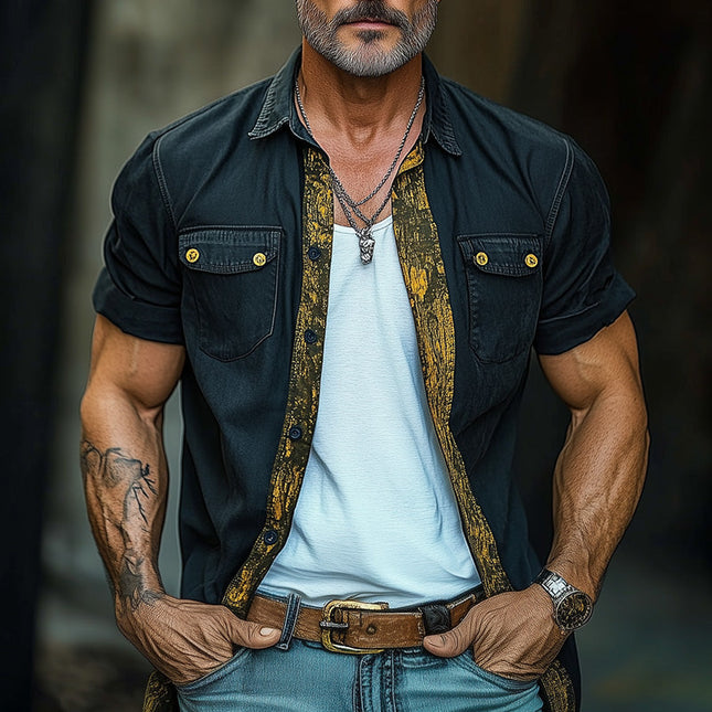 Men's Retro Western Vintage Print | Short Sleeve Denim Shirt | Cowboy Style Top | Premium Quality | Casual & Durable | Modern Fashion for Summer | Versatile Wear | Stylish Men's Shirt