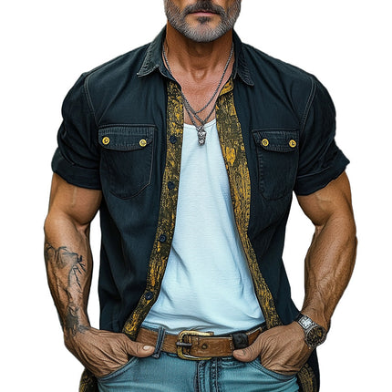 Men's Retro Western Vintage Print | Short Sleeve Denim Shirt | Cowboy Style Top | Premium Quality | Casual & Durable | Modern Fashion for Summer | Versatile Wear | Stylish Men's Shirt