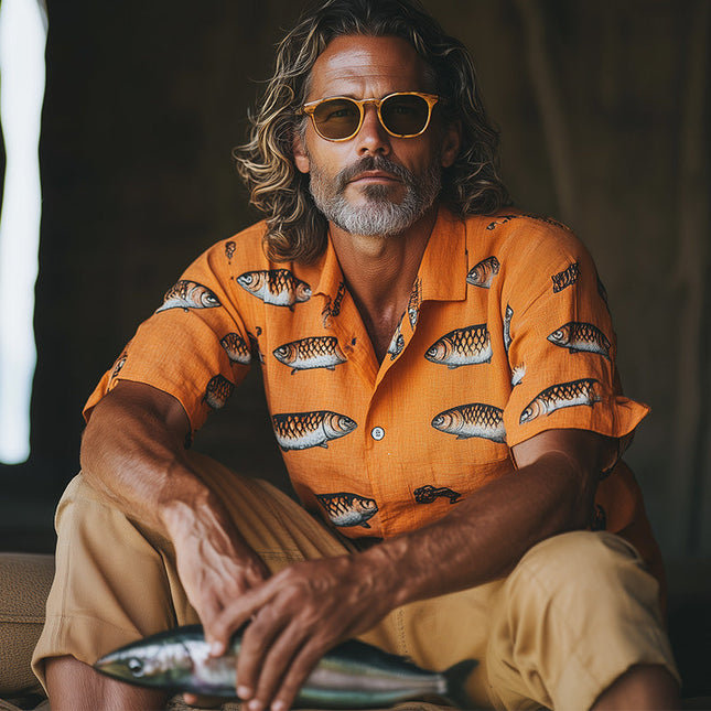 Men's Sardines Print Shirt | Spring Fashion | Short Sleeve | Breathable Fabric | Quirky Design | Classic Fit | Comfortable Casual Apparel