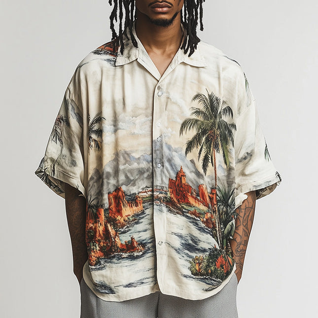 Men's Casual Short Sleeve Shirt | Landscape Print | Breathable Lightweight Fabric | Unique Artistic Design | Comfort Fit | High-Quality Material | Perfect for Chinos or Denim