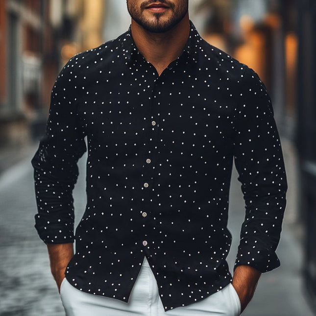 Men's Casual Shirt | Diamond Dot Pattern | Lapel Collar | Knitted Fabric | Long Sleeve | Versatile Style | Comfortable Fit