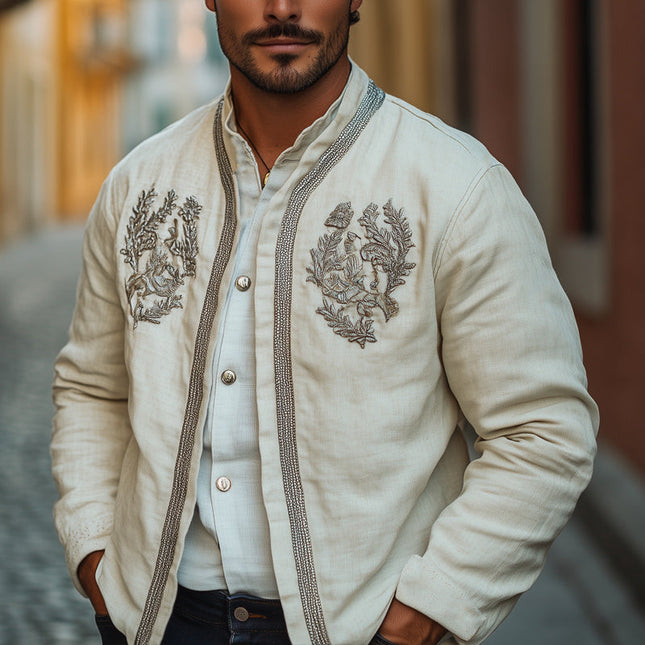 Men's Spring Jacket | Cotton Linen Blend | Embroidered Outerwear | Full-Length Sleeves | Breathable Lightweight Fabric | Small to 3XL Sizes | Stylish Transitional Coat