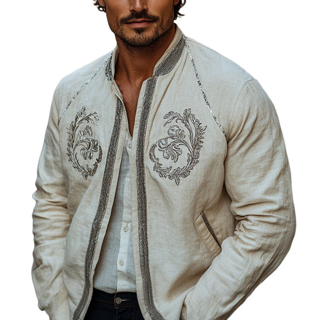 Men's Embroidered Cotton Linen Jacket | Mandarin Collar | Long Sleeve | Lightweight Spring Outerwear | Breathable Fabric | Versatile Fashion | Multiple Sizes Available | Modern Sophistication | Casual to Formal Wear