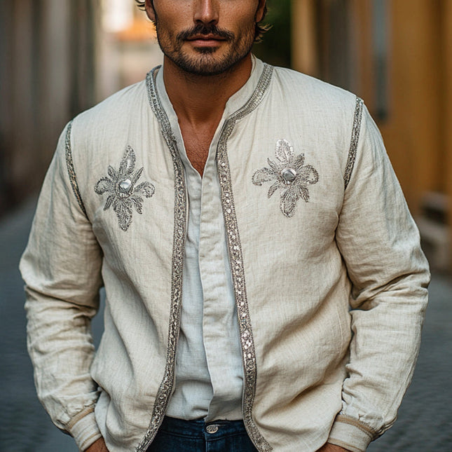 Men's Embroidered Cotton Linen Jacket | Transitional Spring Autumn Outerwear | Stand Collar | Breathable Durable Fabric | Versatile Timeless Design | Elegant Statement Piece | Sizes S to 3XL