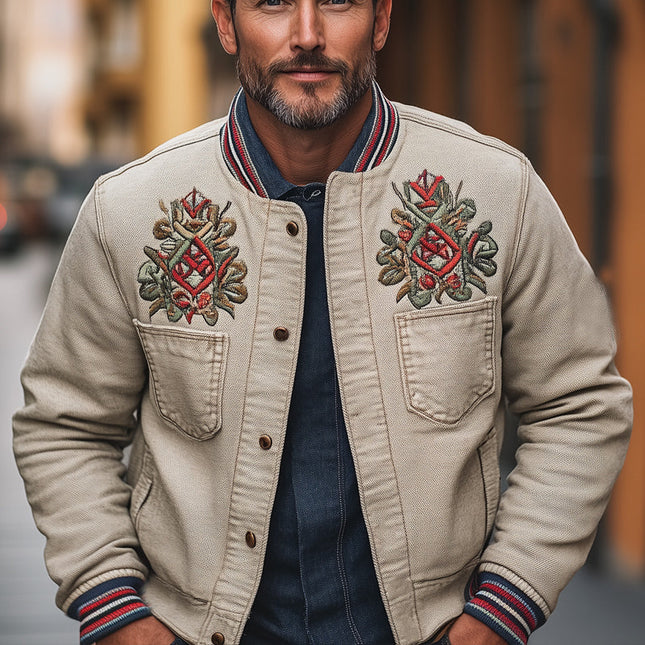 Men's Casual Khaki Embroidered Jacket | Grainy Textured Outerwear | Long Sleeve | Modern Fit | Versatile Style | Sizes S-3XL