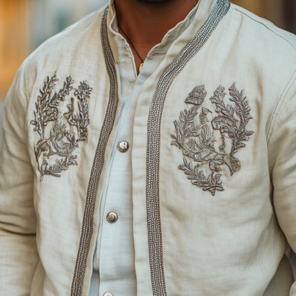 Men's Spring Jacket | Cotton Linen Blend | Embroidered Outerwear | Full-Length Sleeves | Breathable Lightweight Fabric | Small to 3XL Sizes | Stylish Transitional Coat