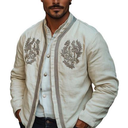 Men's Spring Jacket | Cotton Linen Blend | Embroidered Outerwear | Full-Length Sleeves | Breathable Lightweight Fabric | Small to 3XL Sizes | Stylish Transitional Coat