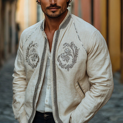 Men's Embroidered Cotton Linen Jacket | Mandarin Collar | Long Sleeve | Lightweight Spring Outerwear | Breathable Fabric | Versatile Fashion | Multiple Sizes Available | Modern Sophistication | Casual to Formal Wear