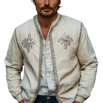 Men's Embroidered Cotton Linen Jacket | Transitional Spring Autumn Outerwear | Stand Collar | Breathable Durable Fabric | Versatile Timeless Design | Elegant Statement Piece | Sizes S to 3XL