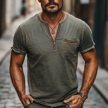 Men's Dark Green T-Shirt | Distressed Half-Zip | Casual Skin Friendly | Short Sleeves | Premium Fabric | Soft Comfort | Versatile Stylish | Available S to 3XL | For Casual Outings & Everyday Wear