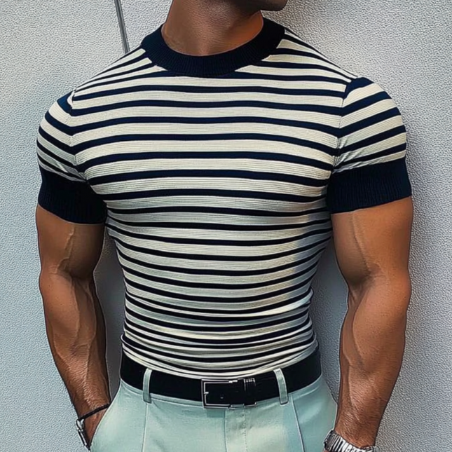 Men's Striped Round Neck Knitted Sweater T-Shirt | Casual Loose Fit | Short Sleeve | Soft Breathable Fabric | Bold Pattern | Versatile Styling | Summer Essential | Effortless Fashion | Multiple Sizes