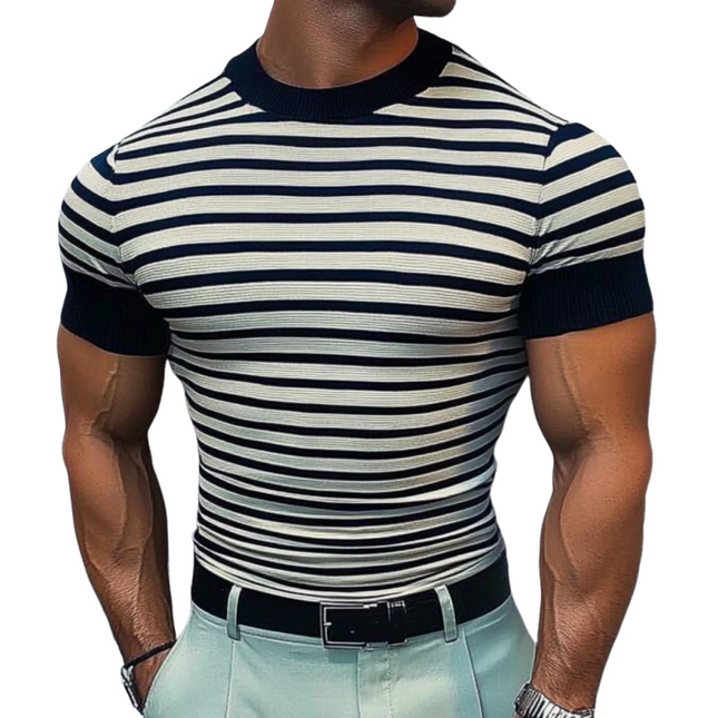 Men's Striped Round Neck Knitted Sweater T-Shirt | Casual Loose Fit | Short Sleeve | Soft Breathable Fabric | Bold Pattern | Versatile Styling | Summer Essential | Effortless Fashion | Multiple Sizes