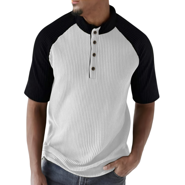 Men's T-Shirt | Contrast Color Henley Collar | Pitted Texture | Loose Fit | Short Sleeve | Casual Style | Cotton Blend | Breathable Comfortable | Versatile Easy Care | Multiple Sizes Available