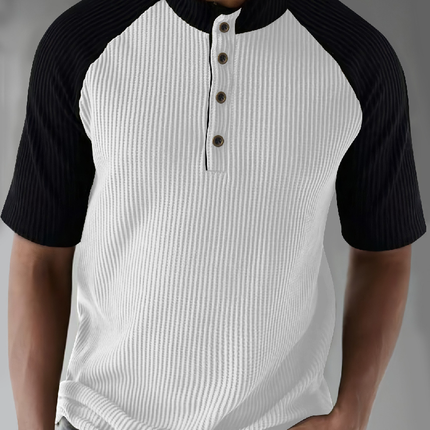 Men's T-Shirt | Contrast Color Henley Collar | Pitted Texture | Loose Fit | Short Sleeve | Casual Style | Cotton Blend | Breathable Comfortable | Versatile Easy Care | Multiple Sizes Available