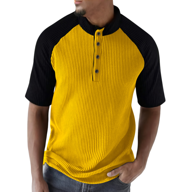 Men's T-Shirt | Contrast Color Henley Collar | Pitted Texture | Loose Fit | Short Sleeve | Casual Style | Cotton Blend | Breathable Comfortable | Versatile Easy Care | Multiple Sizes Available