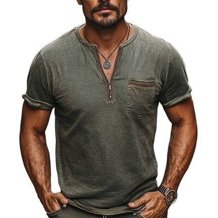 Men's Dark Green T-Shirt | Distressed Half-Zip | Casual Skin Friendly | Short Sleeves | Premium Fabric | Soft Comfort | Versatile Stylish | Available S to 3XL | For Casual Outings & Everyday Wear