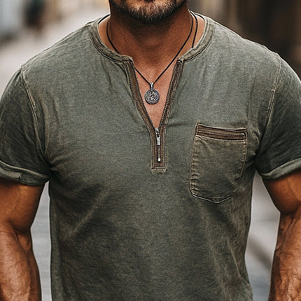 Men's Dark Green T-Shirt | Distressed Half-Zip | Casual Skin Friendly | Short Sleeves | Premium Fabric | Soft Comfort | Versatile Stylish | Available S to 3XL | For Casual Outings & Everyday Wear