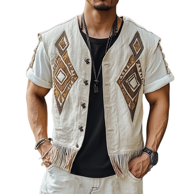 Men's Embroidered Tassel Vest | Vintage Style | Single Breasted Outerwear | Intricate Patterns | Fashionable Layering | Unique Design