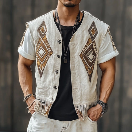Men's Embroidered Tassel Vest | Vintage Style | Single Breasted Outerwear | Intricate Patterns | Fashionable Layering | Unique Design