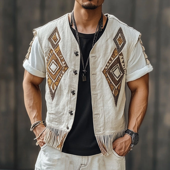 Men's Embroidered Tassel Vest | Vintage Style | Single Breasted Outerwear | Intricate Patterns | Fashionable Layering | Unique Design