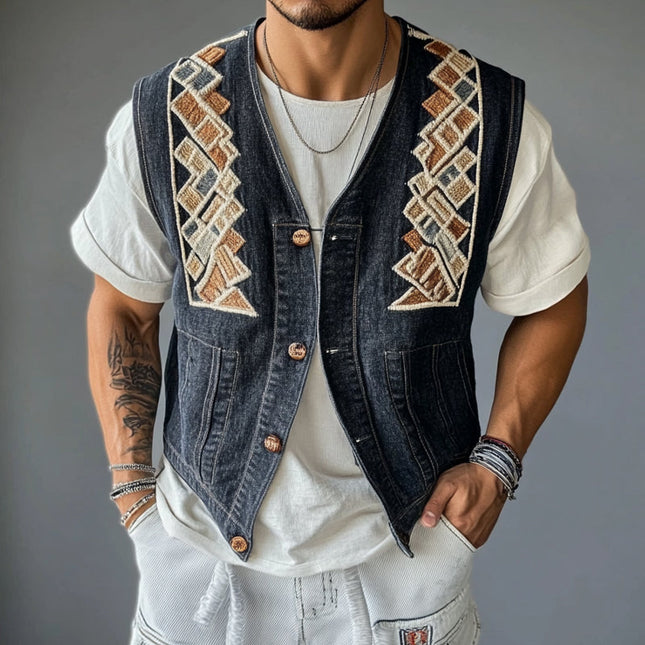 Men's Denim Vest | Geometric Embroidered | Premium Quality | Tailored Fit | Stylish Sleeveless | Classic Blue | Versatile Layering | Modern Design