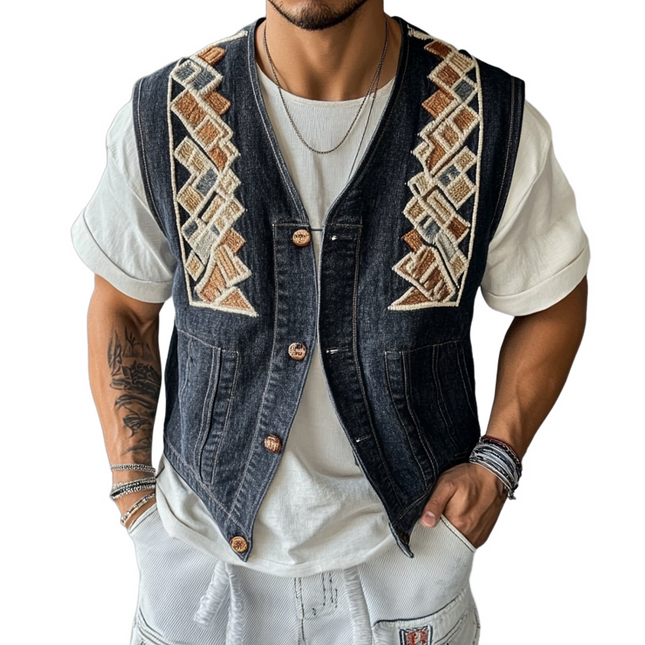 Men's Denim Vest | Geometric Embroidered | Premium Quality | Tailored Fit | Stylish Sleeveless | Classic Blue | Versatile Layering | Modern Design