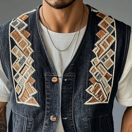 Men's Denim Vest | Geometric Embroidered | Premium Quality | Tailored Fit | Stylish Sleeveless | Classic Blue | Versatile Layering | Modern Design