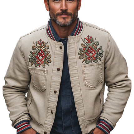 Men's Casual Khaki Embroidered Jacket | Grainy Textured Outerwear | Long Sleeve | Modern Fit | Versatile Style | Sizes S-3XL