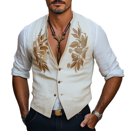 Men's Gold Embroidered Vest | Cotton Linen Blend | Comfortable & Breathable | V-Neck Sleeveless | Classic & Stylish | Formal & Casual Wear | Available in Multiple Sizes | Lightweight & Durable