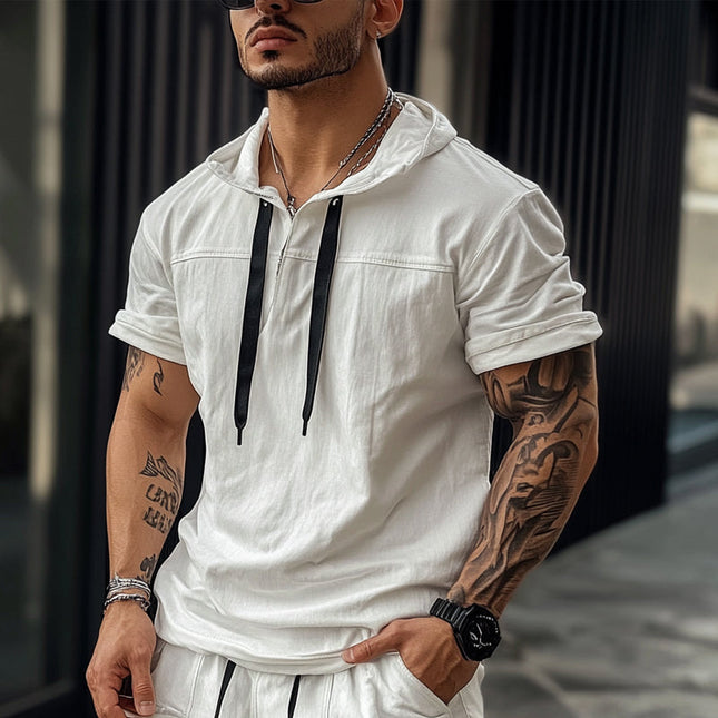 Men's Cotton Short Sleeve Hoodie | Solid Color | Breathable Lightweight Fashion | Casual Relaxed Fit with Pocket | Comfortable Hooded Top for Spring Summer | Modern Design