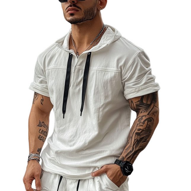 Men's Cotton Short Sleeve Hoodie | Solid Color | Breathable Lightweight Fashion | Casual Relaxed Fit with Pocket | Comfortable Hooded Top for Spring Summer | Modern Design